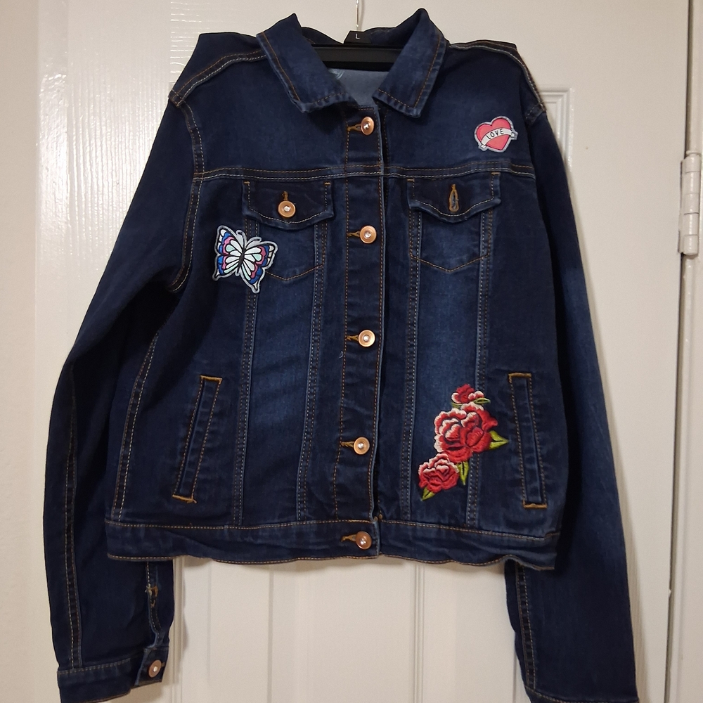Wonder Nation Embroidered Denim Jacket - Kids XL (14/16) - Rose & Butterfly🌹🦋